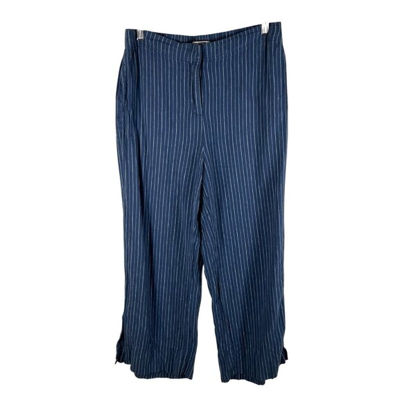 Nic+Zoe Pants Womens 8 Blue striped Wide Leg Organic Linen Beach Vacation Office - Picture 1 of 10